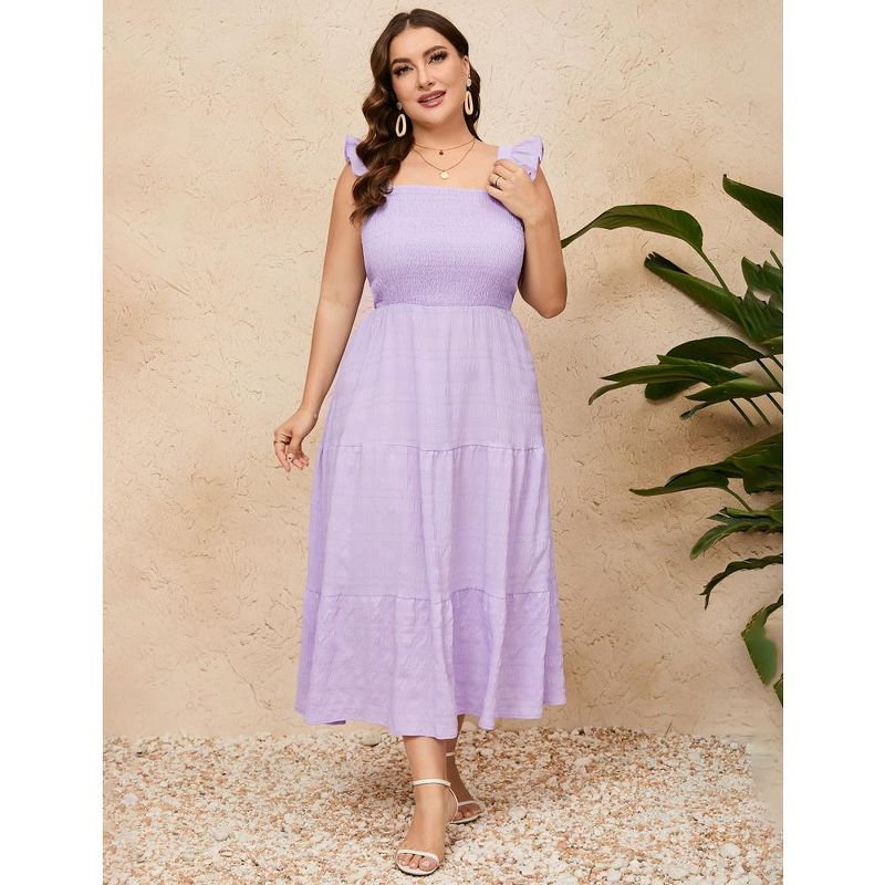 Women Plus Size Sleeveless Maxi Dress Smocked High Waist Tiered Ruffle Summer Casual Midi Dress, 3 of 9