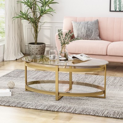 GDFStudio Bell Modern Glam Tempered Glass Oval Coffee Table