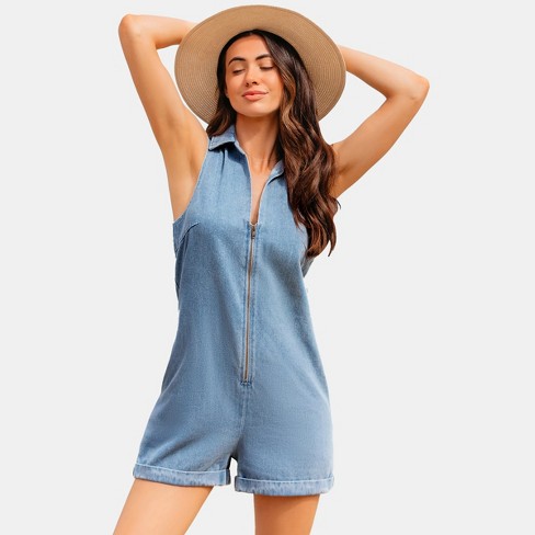 Women's Denim Collared Front Zipper Straight Leg Romper - Cupshe - image 1 of 4