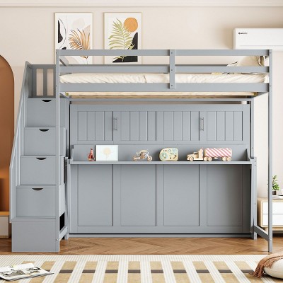 Full Size Murphy Bed With Hydraulic Lift & Desk Design, Murphy Bed, Storage Bed With Staircase Featuring Four Built-In Cabinets-Cuddlewood