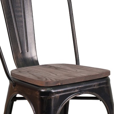Rustic Black-Antique Gold Metal Stackable Side Chair with Wood Seat