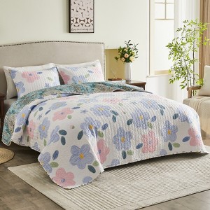 Inhand Microfiber Print Quilt Bedding Set, Flower print Soft Lightweight Coverlet For All Season - 1 of 4