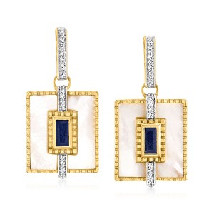 Ross-Simons Mother-Of-Pearl and 1.30 ct. t.w. Sapphire Drop Earrings With .20 ct. t.w. White Topaz in 18kt Gold Over Sterling - 1 of 3