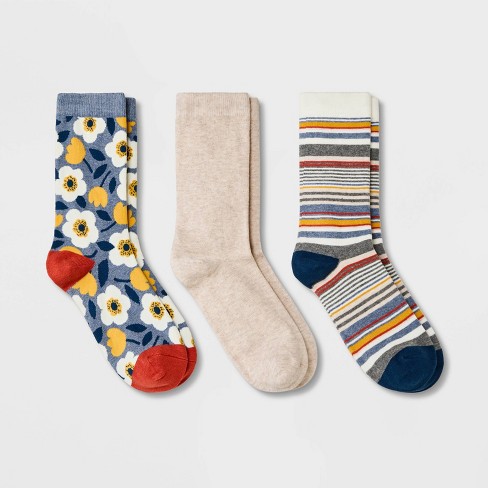 Women's 3pk Floral Print Crew Socks - A New Day™ Denim/oatmeal 4