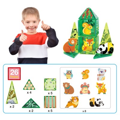 PICASSO-TILES 26 PC Forest Animal Themed, Magnetic Tiles, Building Blocks, STEM Toys for Kids 3+