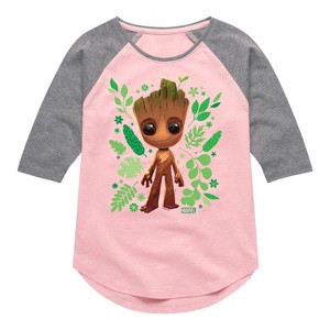 Girls' - Marvel - Guardians of the Galaxy Baby Groot Leaf Shirt Tail Raglan Graphic T-shirt - 1 of 4