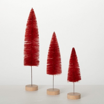 9.5"H  12"H & 16.25"H Sullivans Christmas Red Tall Bottlebrush Tree Set of 3  Red