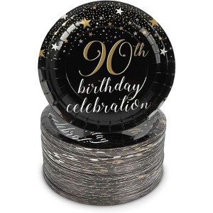 Sparkle and Bash 80-Pack Happy 90th Birthday Party Supplies, Black and Gold Disposable Paper Dessert Plates Set, 7" - 1 of 4