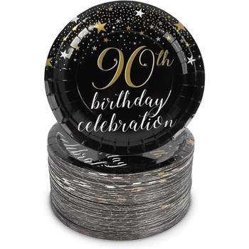 Sparkle and Bash 80-Pack Happy 90th Birthday Party Supplies, Black and Gold Disposable Paper Dessert Plates Set, 7"