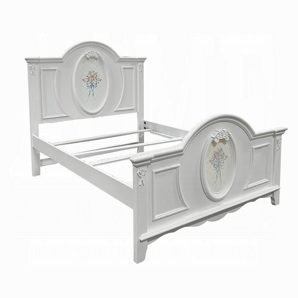 Benzara Auri Twin Size Bed Floral Motifs Arched Headboard Classic White Wood
