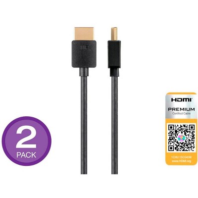 Monoprice High Speed HDMI Cable 2 Pack - 6 Feet - Black | Certified Premium, 4K@60Hz, HDR, 18Gbps, 34AWG, YUV 4:4:4 - Ultra Slim Series