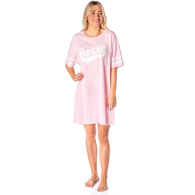 Barbie Womens' Classic Retro Title Logo Nightgown Sleep Pajama Shirt Pink, 4 of 5