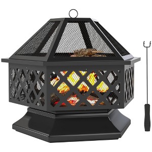 Outsunny 28" Outdoor Fire Pit with Grill, Wood Burning Firepit with Poker and Lid, Hexagon Fireplace for Patio Bonfire Backyard BBQ Camping Picnic - 1 of 4