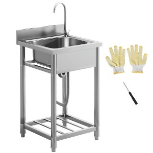 Resenkos Stainless Steel Outdoor Utility Sink with Cold and Hot Water Pipe and Storage Shelf for Laundry Garage, 22" Silver - 1 of 4