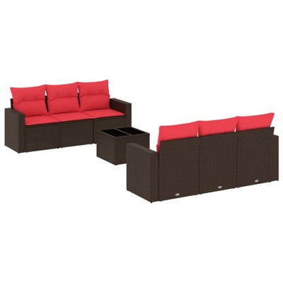 vidaXL 7 Piece Patio Sofa Set with Cushions Brown and Red Poly Rattan