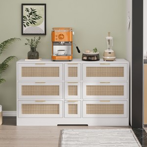 51.2" Rattan 9-Drawer Cabinet with Gold Handles, Smooth Sliding Tracks for Living Room, Bedroom, Kitchen - 1 of 4
