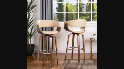 Mid-Century Modern Dark Blue Fabric Walnut Swivel Barstools, Set of 2