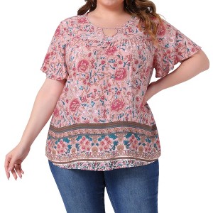 Agnes Orinda Women's Plus Size Keyhole Ruffle Short Sleeve Boho Floral Summer Casual Blouse - 1 of 4