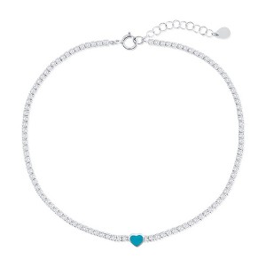Bella Silver Sterling Silver, Enamel Heart, CZ Tennis Anklet - Turquoise - Blue - 9+1 Inch - 1 of 2