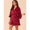 cheibear Women's Satin One Piece Pajama Silky 3/4 Sleeves Tie Waist Loungewear Robes - 2 of 4