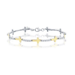 Bella Silver Sterling Silver, Sideways Cross & CZ Bracelet - Gold Plated - Multi - 7+1 Inch - 1 of 3