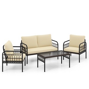 Tangkula 4PCS Furniture Set Outdoor Wicker Conversation Bistro Set w/ Soft Cushions Patio - 1 of 4