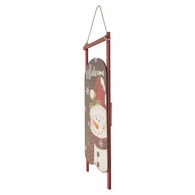 21.75" Brown and Red Wooden Snowman Sled Wall Sign