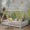 Okak Twin/Full Size House Roof Floor Bed Frame with Fence & Decor Lights,Modern Student Bed for Bedroom,Kids Room,Playrooms - 3 of 4