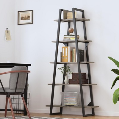 5 Tier Bookshelf, Tall Bookcase Shelf, Industrial Ladder Bookshelf, Open Standing Display Shelves for Bedroom