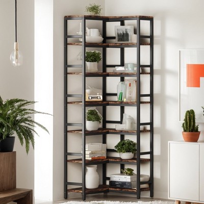 Hommoo 78.7”Tall 7 Tier Industrial Corner Bookshelf Brown