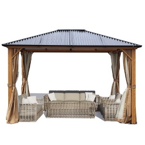 Aoodor Gazebo Polycarbonate Roof, Wooden Print Aluminum Frame With Mosquito Netting And Curtain - 1 of 4