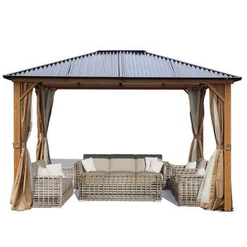 Aoodor Gazebo Polycarbonate Roof, Wooden Print Aluminum Frame With Mosquito Netting And Curtain