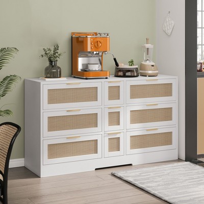 51" Rattan Dresser for Bedroom, 9 Drawer Dresser with Metal Handles, Wooden Chest of Drawers, Closet Dresser for Bedroom Living Room Hallway