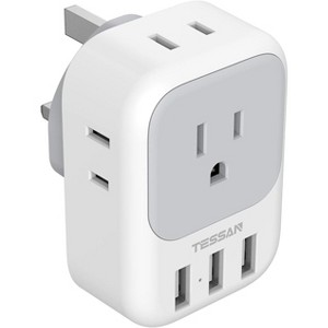 US to UK Plug Adapter, Type G Ireland Travel Adaptor with 4 Electrical Outlet 3 USB Charger, USA to England Scotland London Dubai Hong Kong Singapore - 1 of 4