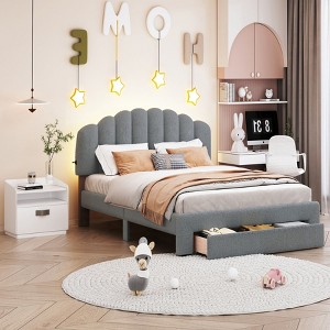 NicBex Queen Upholstered Bed Frame with 1 Large Drawer,Shell-Shaped Headboard with LED Light and 2 USB Ports,No Box Spring Needed,Easy Assembly - 1 of 4