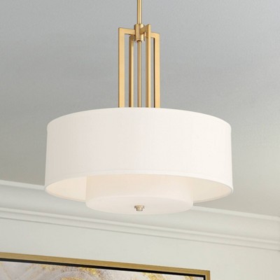 Warm Brass Double Drum Pendant Light with Linen Shade