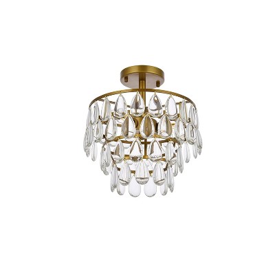 Brass and Crystal 12'' Flush Mount Light with Clear Teardrop Crystals