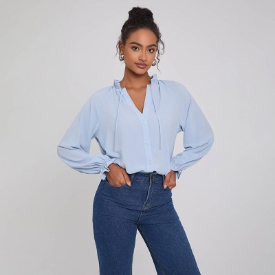Women's Ruched Neck Raglan Long Sleeve Button Closure Blouse - A New Day™