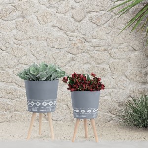 Okak Raised Wooden Base Ceramic Planter Elevated Pot for Flowers, Vegetables, Herbs, Indoor & Outdoor Use, 2 Pack(S+M),3 Colors - 1 of 4