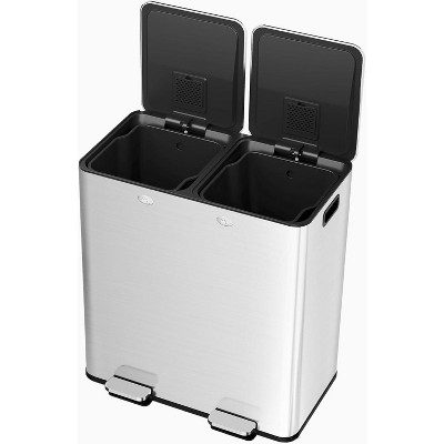 60L/16 Gal Kitchen Trash Can with Separate Lids,2×8 Gal Pedal Trash Bin with Removable Basket,Stainless Steel Garbage Can for Kitchen Office