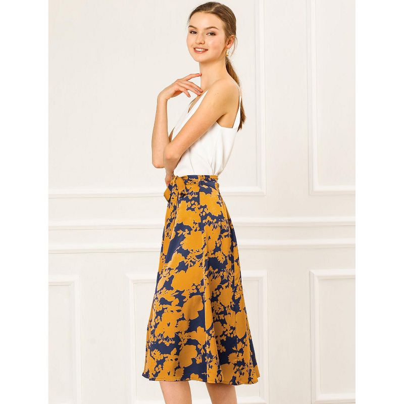 Allegra K Women's High Elastic Waist Belted Slit A-Line Midi Floral Print Skirt, 5 of 8