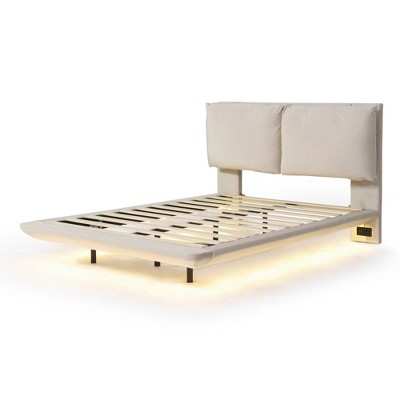 HomeRoots Beige Tufted Upholstered Full Bed Frame With LED Lighting And USB