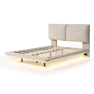 HomeRoots Beige Tufted Upholstered Full Bed Frame With LED Lighting And USB - 1 of 4