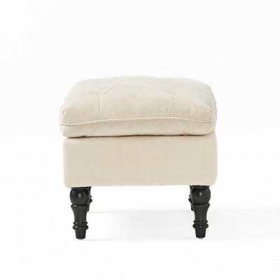 Cream Tufted Fabric Rectangular Ottoman with Turned Legs