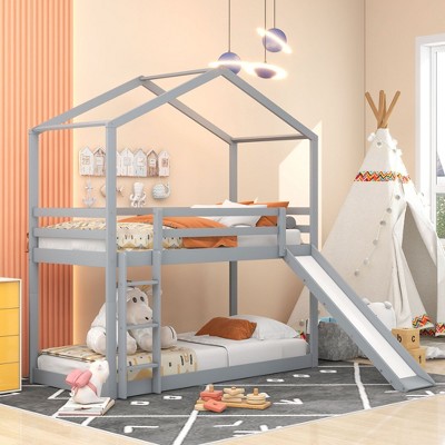 NicBex Twin Over Twin Bunk Bed with Guardrail and Roof,Twin Loft Bed with Ladder and Slide,Modern Bunk Beds,Noise Reduced Bunk Beds for Bedroom