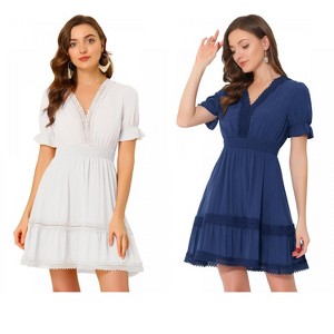 Allegra K Women's V Neck Smocked Elastic Waist Short Sleeve Boho Crochet Trim Mini Dress 2 Packs - 1 of 4