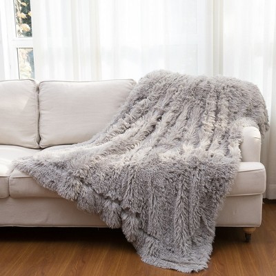 Silver Reversible Faux Fur and Fleece Throw Blanket 60" x 70"