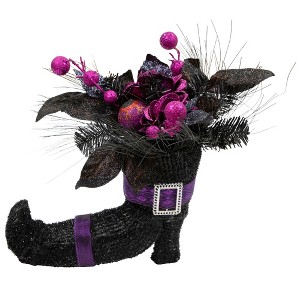 Northlight Witch's Boot with Glittered Foliage Halloween Decoration - 12" - Black and Purple - 1 of 4