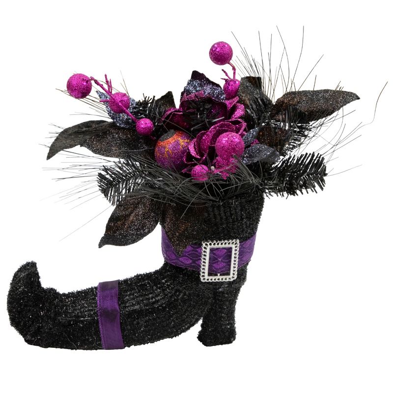 Northlight 12" Black Witch's Boot with Purple Glittered Roses Halloween Decoration, 1 of 5