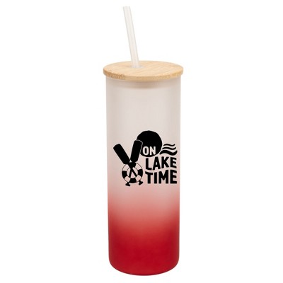 Elanze Designs On Lake Time Summer Vibes Wrap-Around Design 25 Ounce Frosted Gradient Glass On-The-Go Coffee Travel Skinny Tumbler Mug Cup, Bamboo Lid
